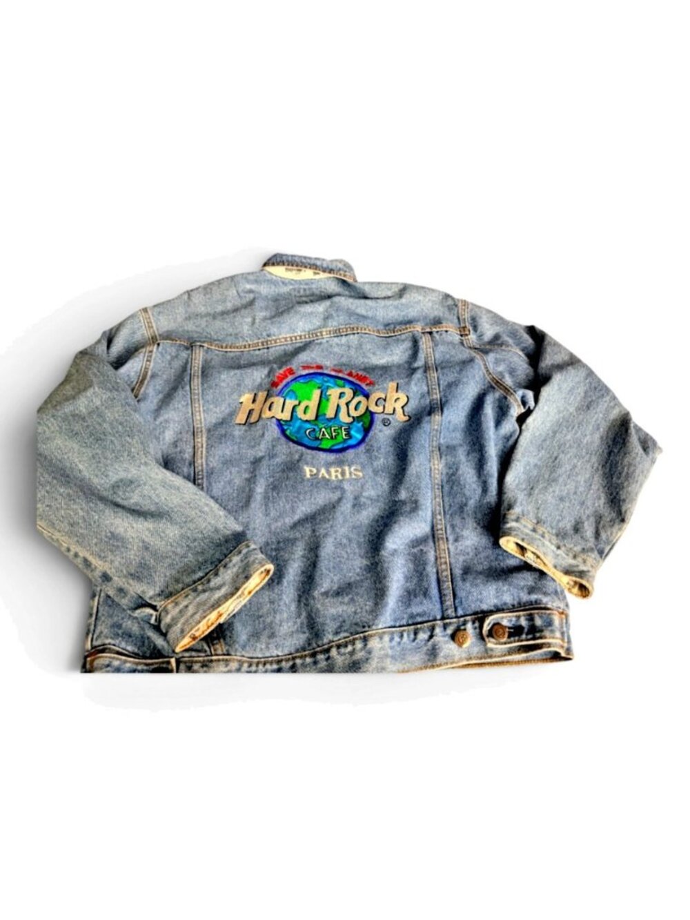 Vintage Hard Rock Cafe Denim Jacket Mens  Blue Paris Embroidered Logo Large
